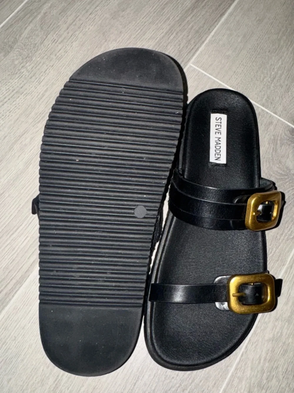 Steve Madden Black Slide Sandals with Gold Buckles